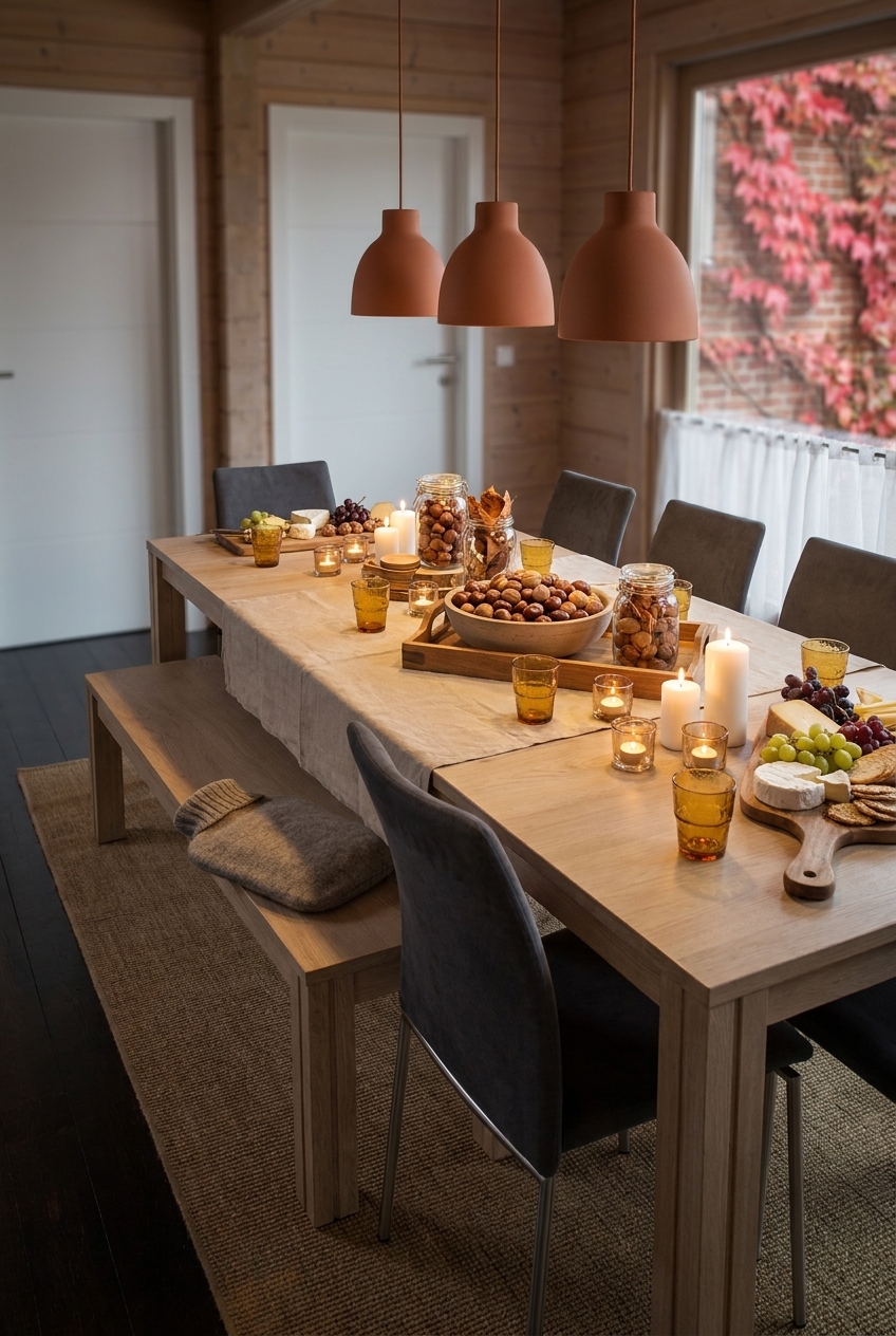 Große Kastanienschale auf einem Holztablett mit Kerzen auf dem Esstisch Farum 2