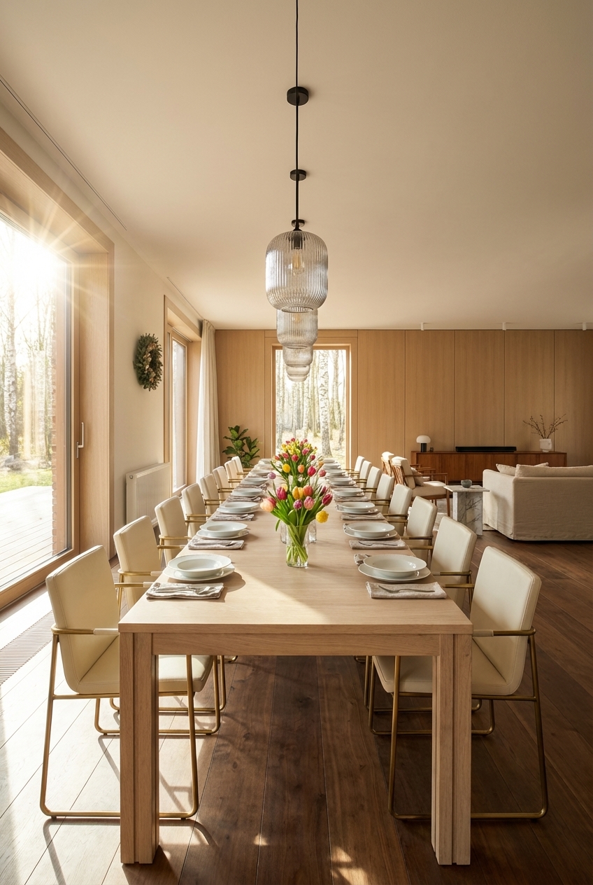 Wände aus hellem Holzpaneel umrahmen ein elegantes Esszimmer mit dem Esstisch Farum 2