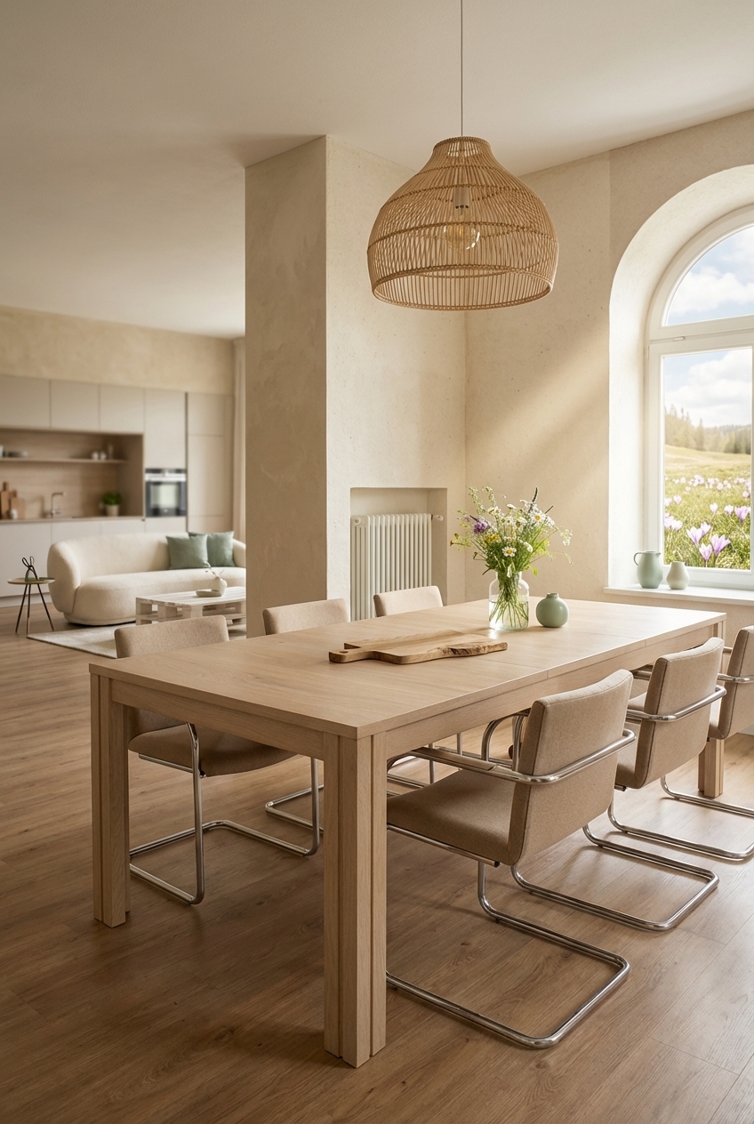 Esszimmer mit harmonischen braun-beigen Tönen, Esstisch Farum 2 aus Eiche integriert