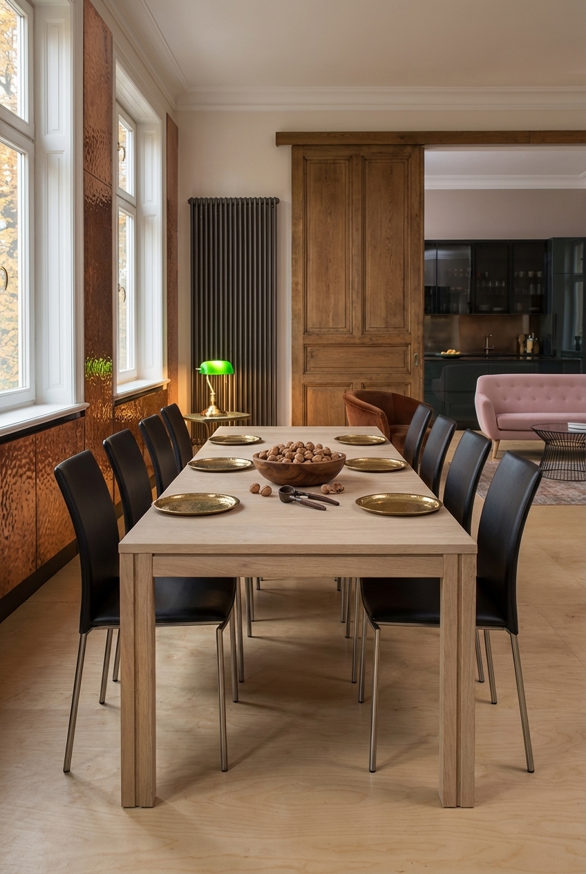 Heller Esstisch Farum 2 aus Eiche mit handgehämmertem Geschirr dekoriert