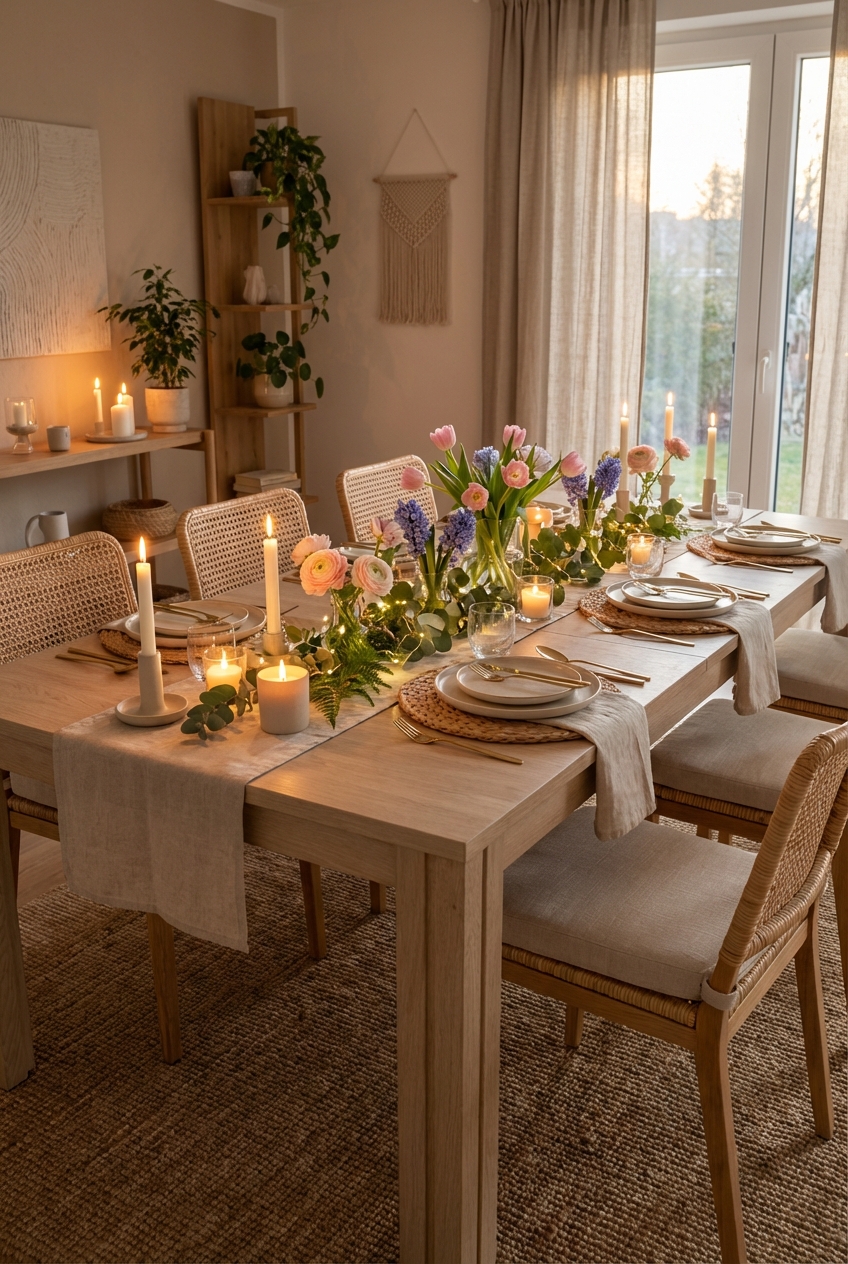 Geflochtene runde Platzsets bilden eine längliche Struktur auf einem Esstisch aus Eiche