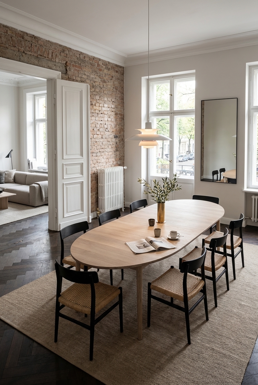 Flechtstühle und der ovale Esstisch Farum aus Eiche schaffen einen harmonischen Essbereich