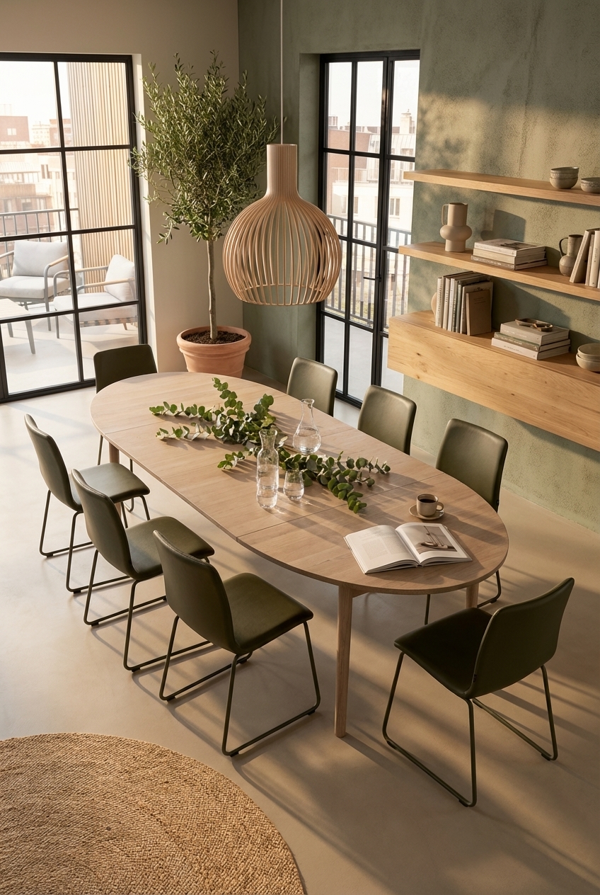 Grüne Wände mit schwarzen Fensterrahmen und einem ovalen Eichen-Esstisch in der Mitte