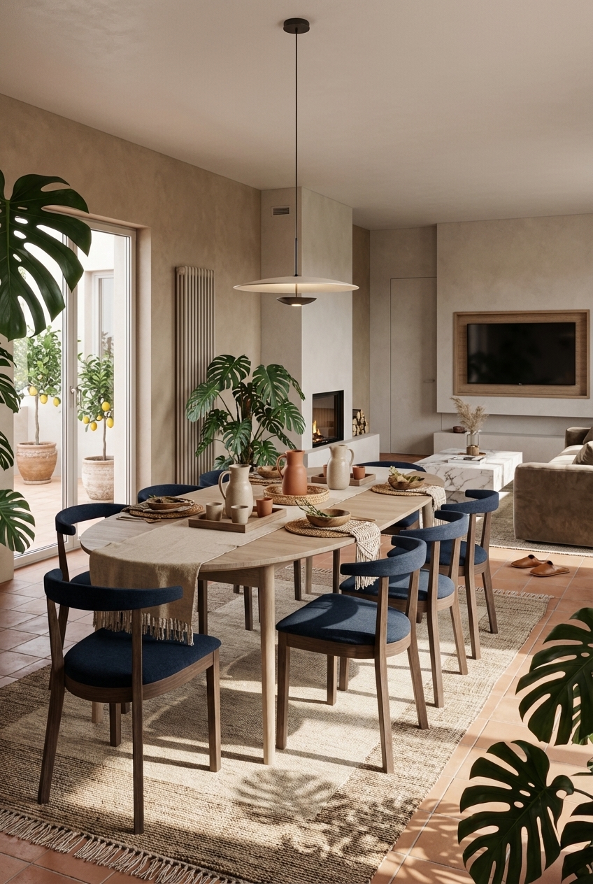 Große grüne Blattpflanzen umrahmen den ovalen Esstisch Farum aus Eiche und schaffen eine lebendige Atmosphäre