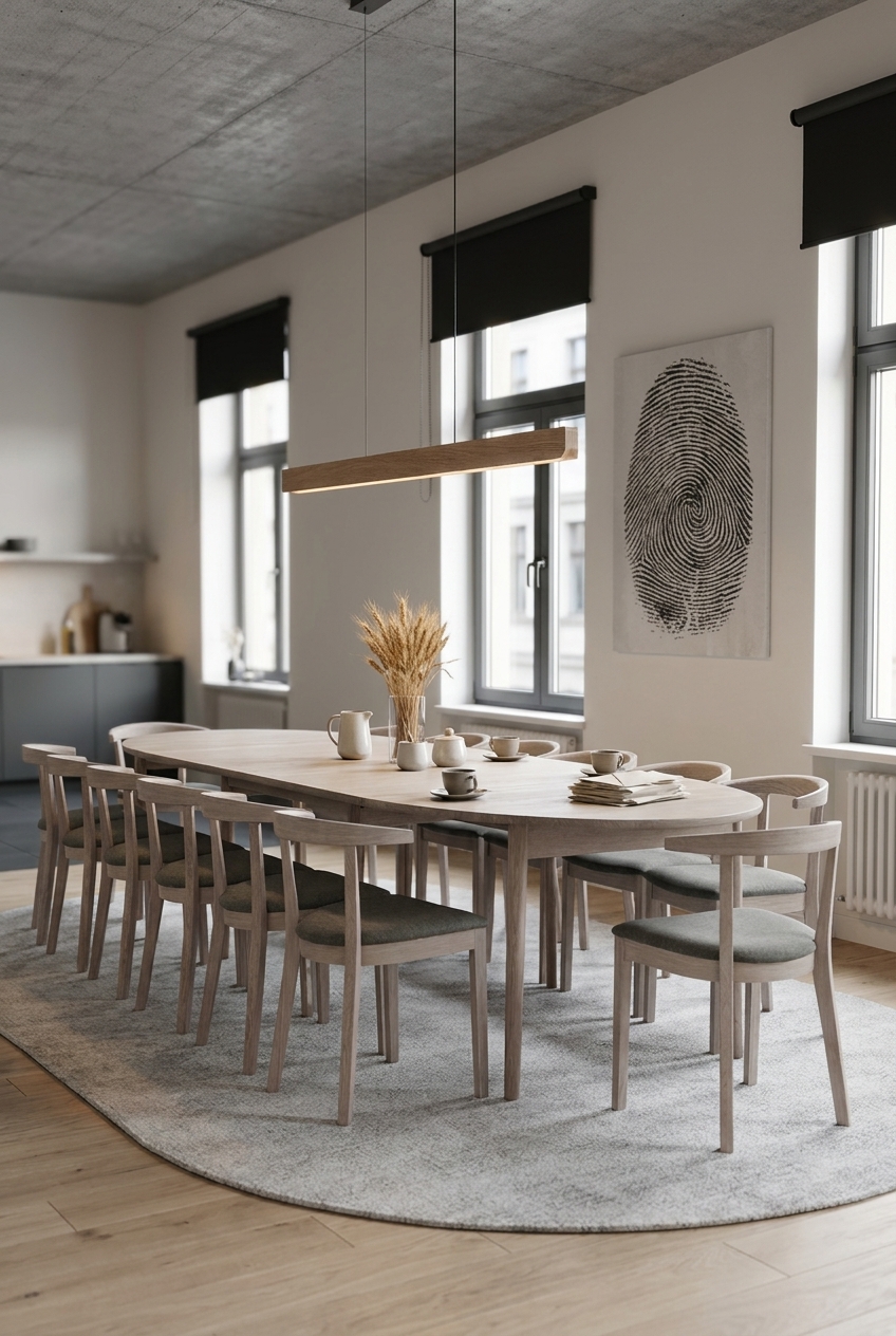 Esszimmer mit ovalem Esstisch Farum aus Eiche und grauen, weichen Stühlen