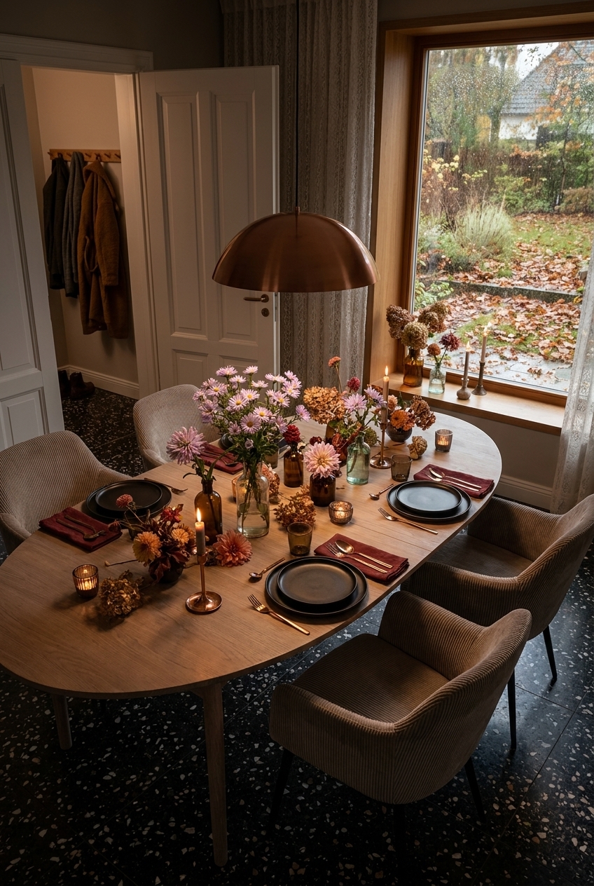 Kleine Glasflaschen mit rosa und rostroten Herbstblumen auf ovalem Esstisch Farum