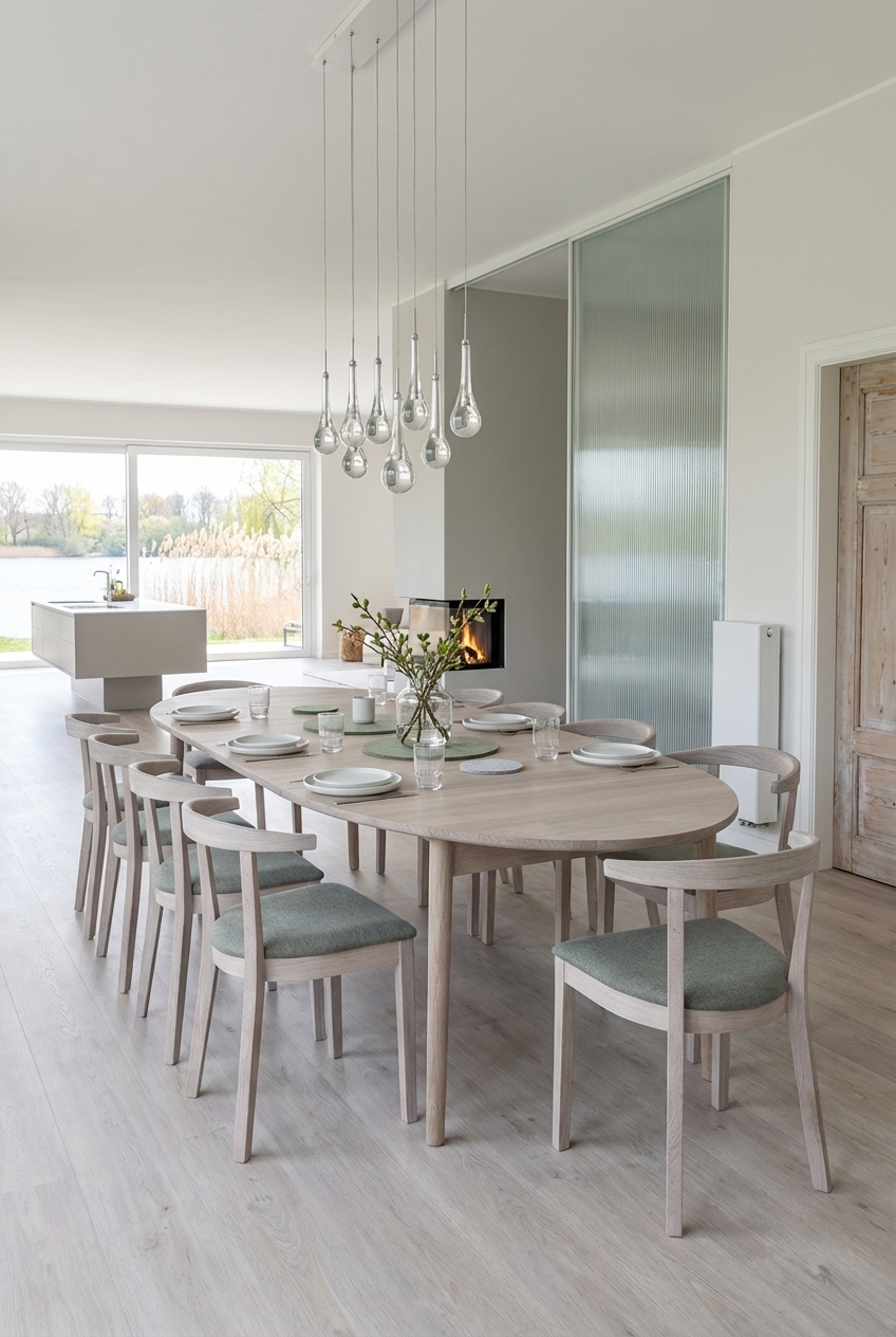 Stühle gleichmäßig um den ovalen Esstisch Farum aus Eiche angeordnet, fördern Harmonie und Bewegungsfreiheit