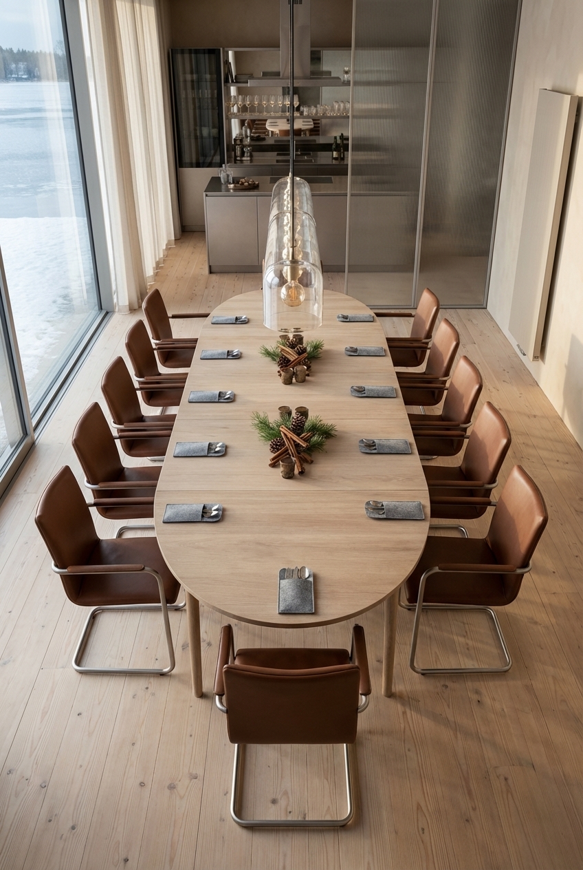 Hochwertige Glasfronten zonieren den Essbereich mit einem ovalen Eichen-Tisch Farum.