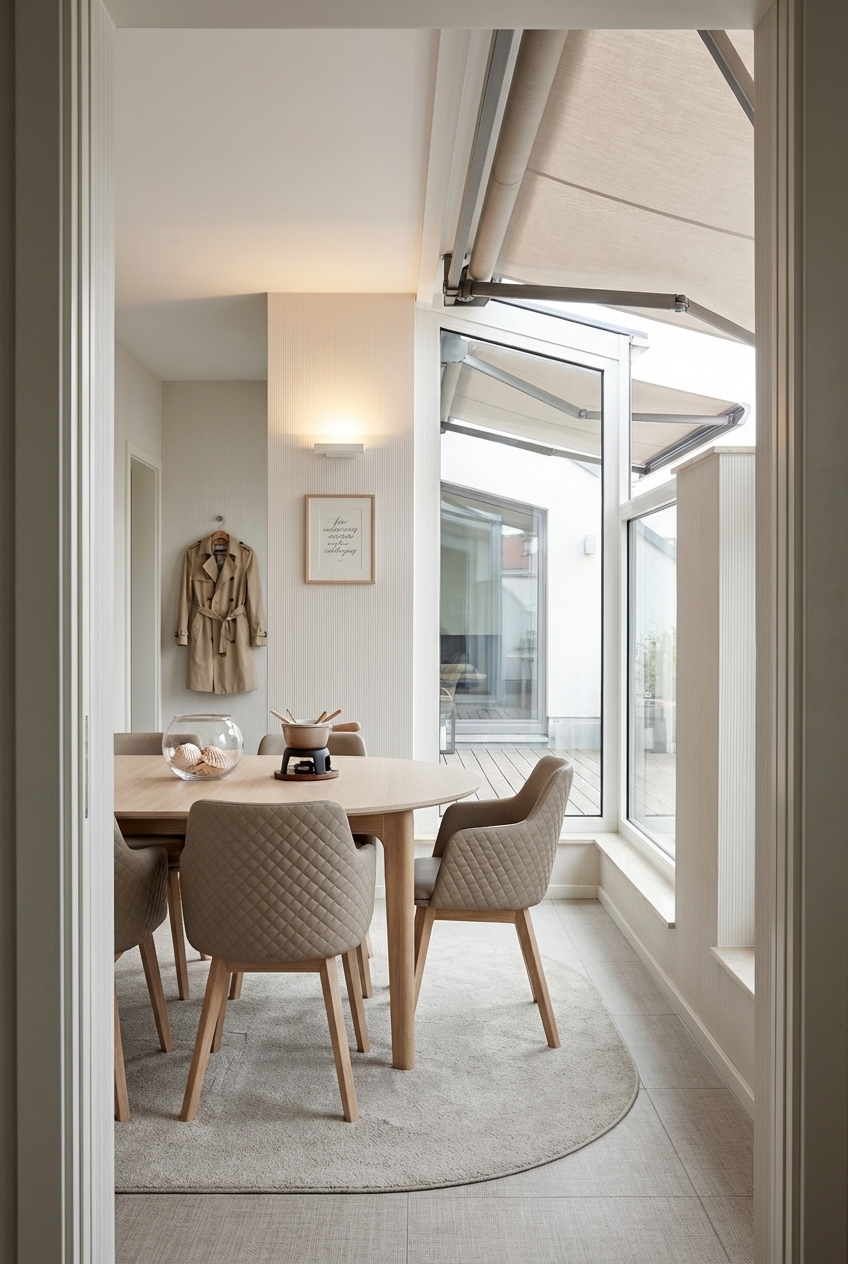 Essplatz wird durch eine große Glasfront erweitert, Massivholztisch Farum aus Eiche Weiß sorgt für eine offene Raumwirkung