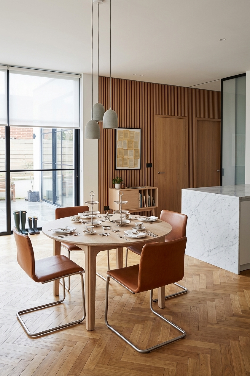 Esszimmer mit Fischgrätparkett und senkrechten Holzpaneelen schafft Tiefe und Ordnung.