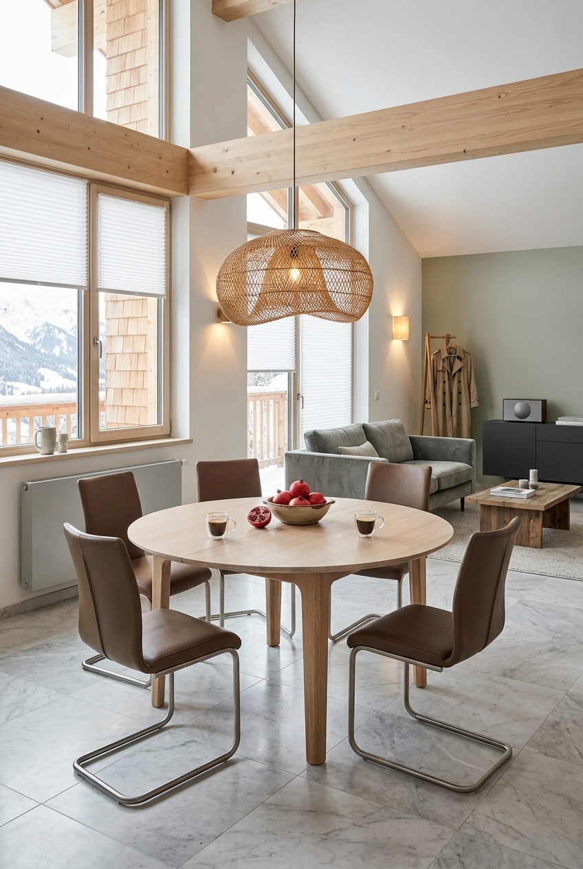 Runder Esstisch Farum aus Eiche weiß vor großen Fenstern, lichtdurchflutetes skandinavisches Esszimmer