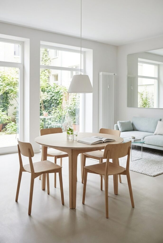Ein runder Esstisch Farum aus Eiche Weiß am Fenster schafft ein lichtdurchflutetes Ambiente im Wohnzimmer-Esszimmer.