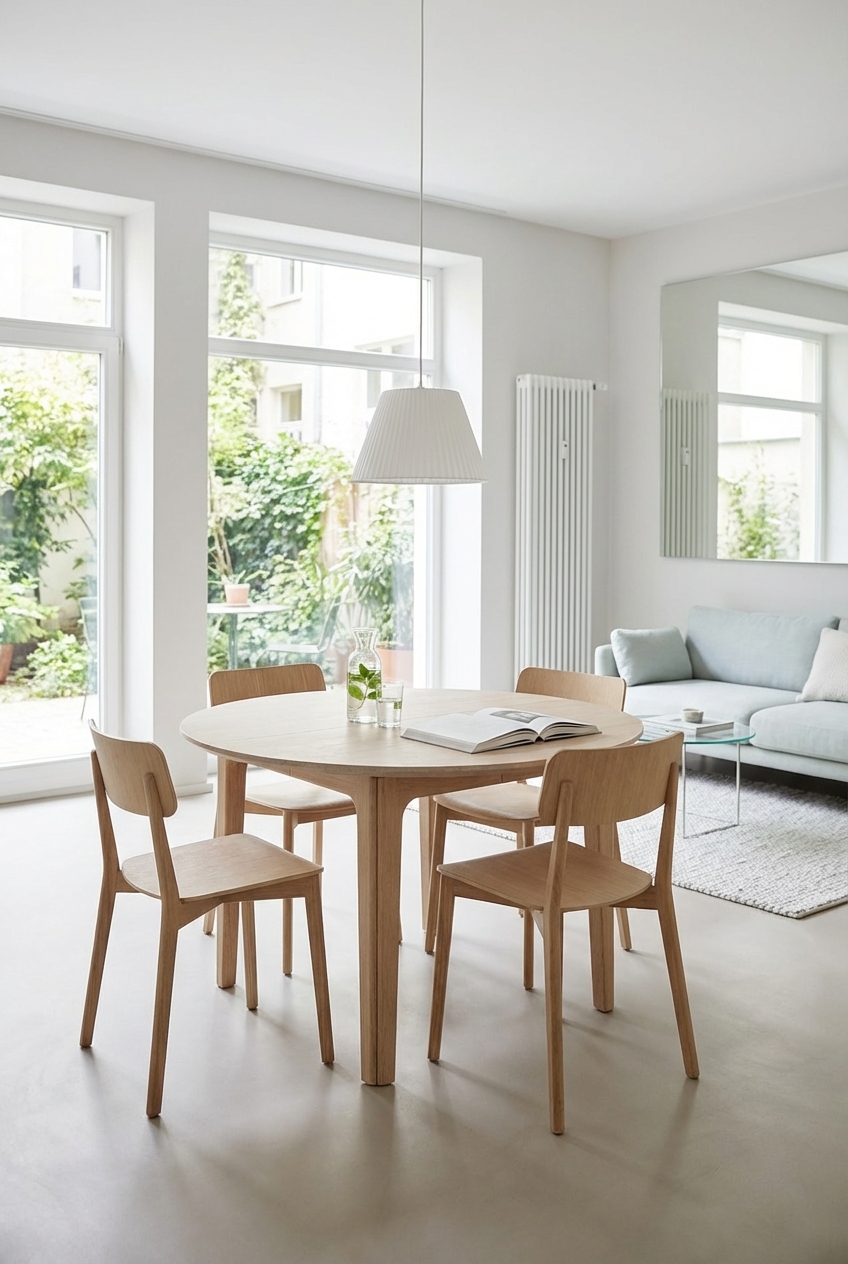 Ein runder Esstisch Farum aus Eiche Weiß am Fenster schafft ein lichtdurchflutetes Ambiente im Wohnzimmer-Esszimmer.