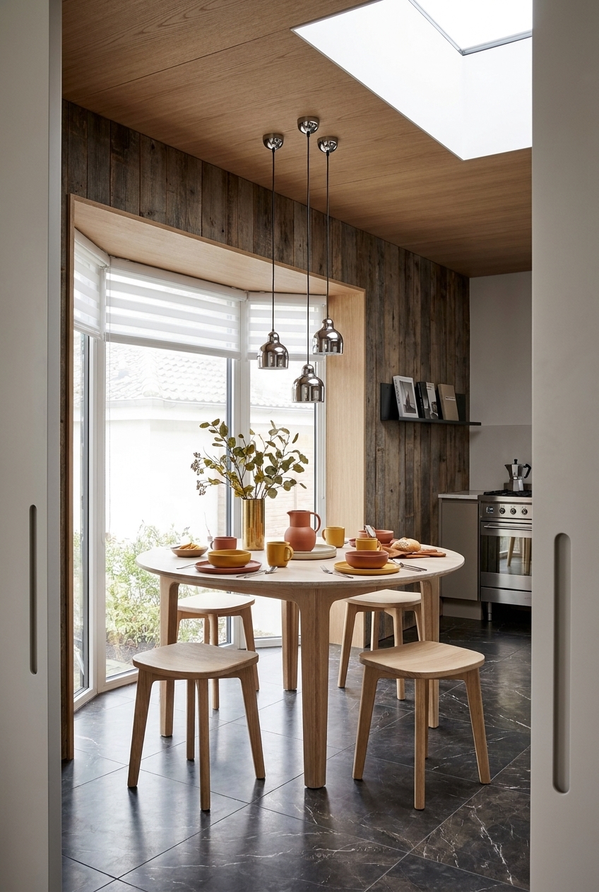 Wände des Esszimmer-Erkers mit Holz vertäfelt, runder Esstisch aus Eiche weiß