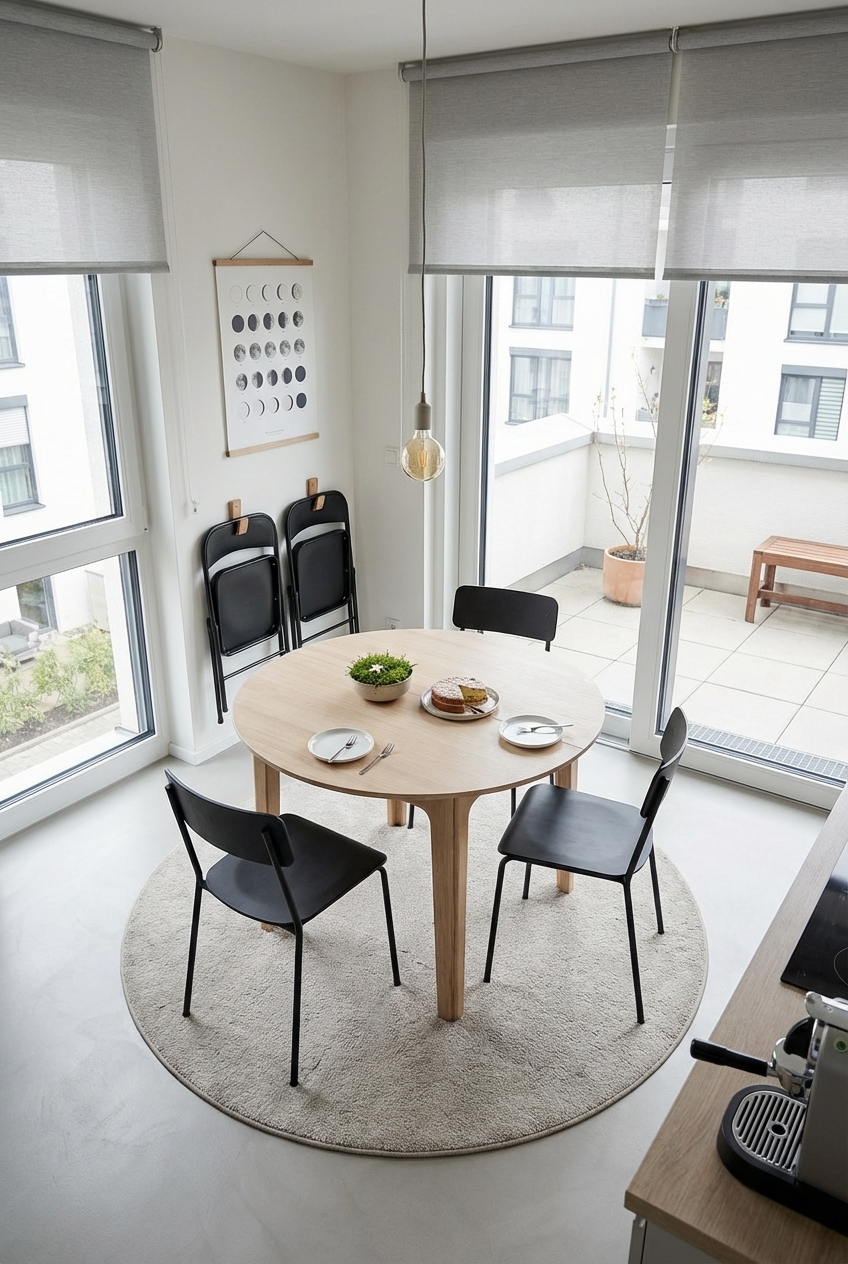 Runder Teppich unter dem Esstisch Farum aus Eiche Weiß schafft ein zusammenhängendes Ambiente im kleinen Essbereich