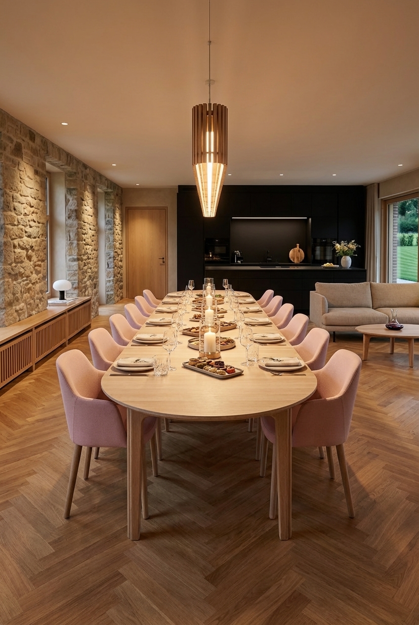 Gepolsterte Stühle in Rosé umrahmen den runden Esstisch Farum aus Eiche Weiß
