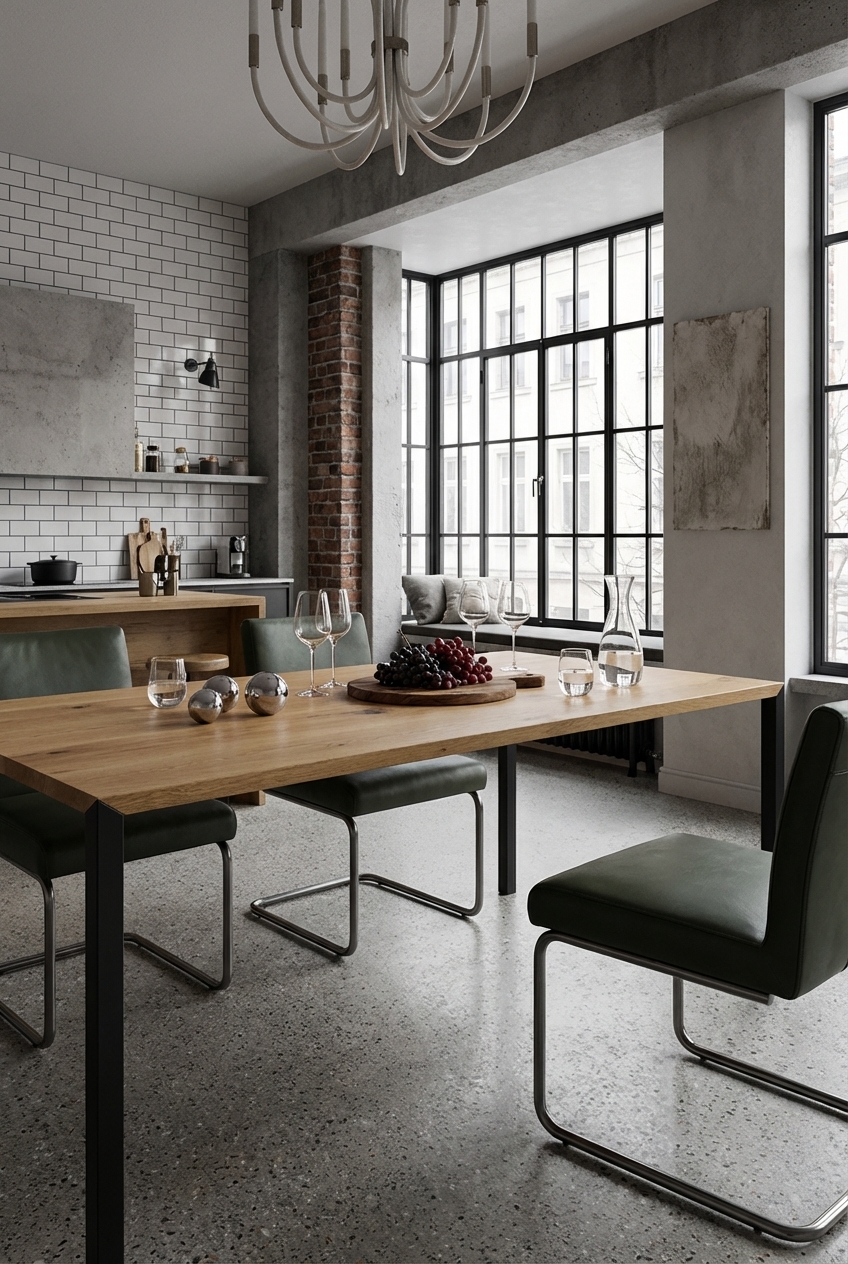 Essbereich mit geschliffenem Terrazzoboden und warmem Esstisch Florenz aus Eiche