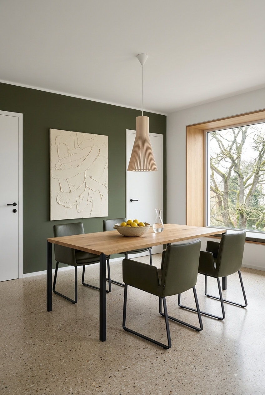 Esszimmer mit olivgrüner Wandfarbe und hellem Eichen-Esstisch Florenz, harmonischer Kontrast