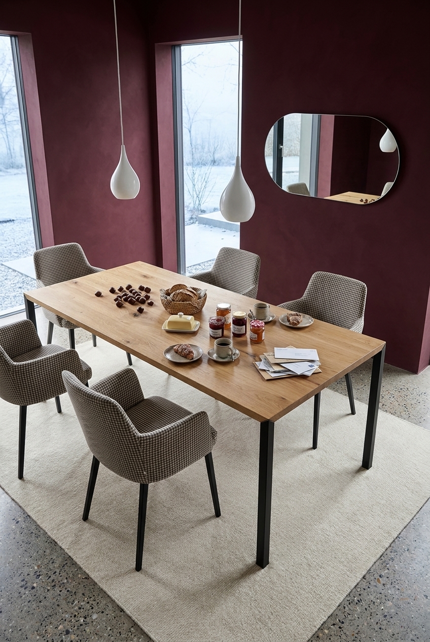 Esszimmer mit tiefem Bordeaux an den Wänden und hellem Esstisch Florenz aus Eiche