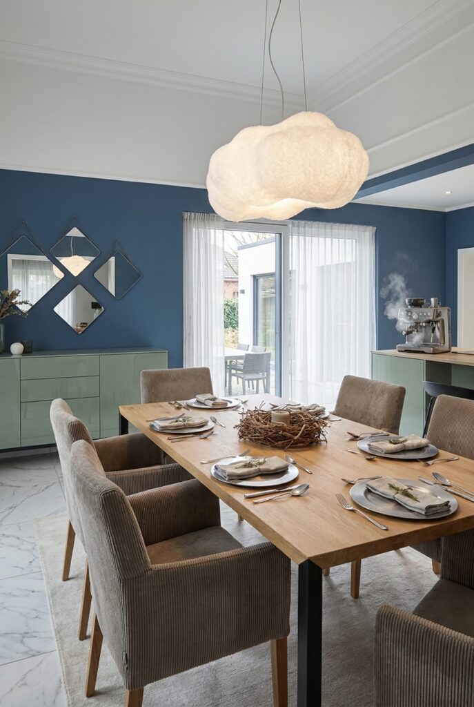 Esstisch Florenz aus Eiche mit grauen Polsterstühlen, beigefarbenen Servietten und einem Zweigkranz vor blauen Wänden und grünem Sideboard.
