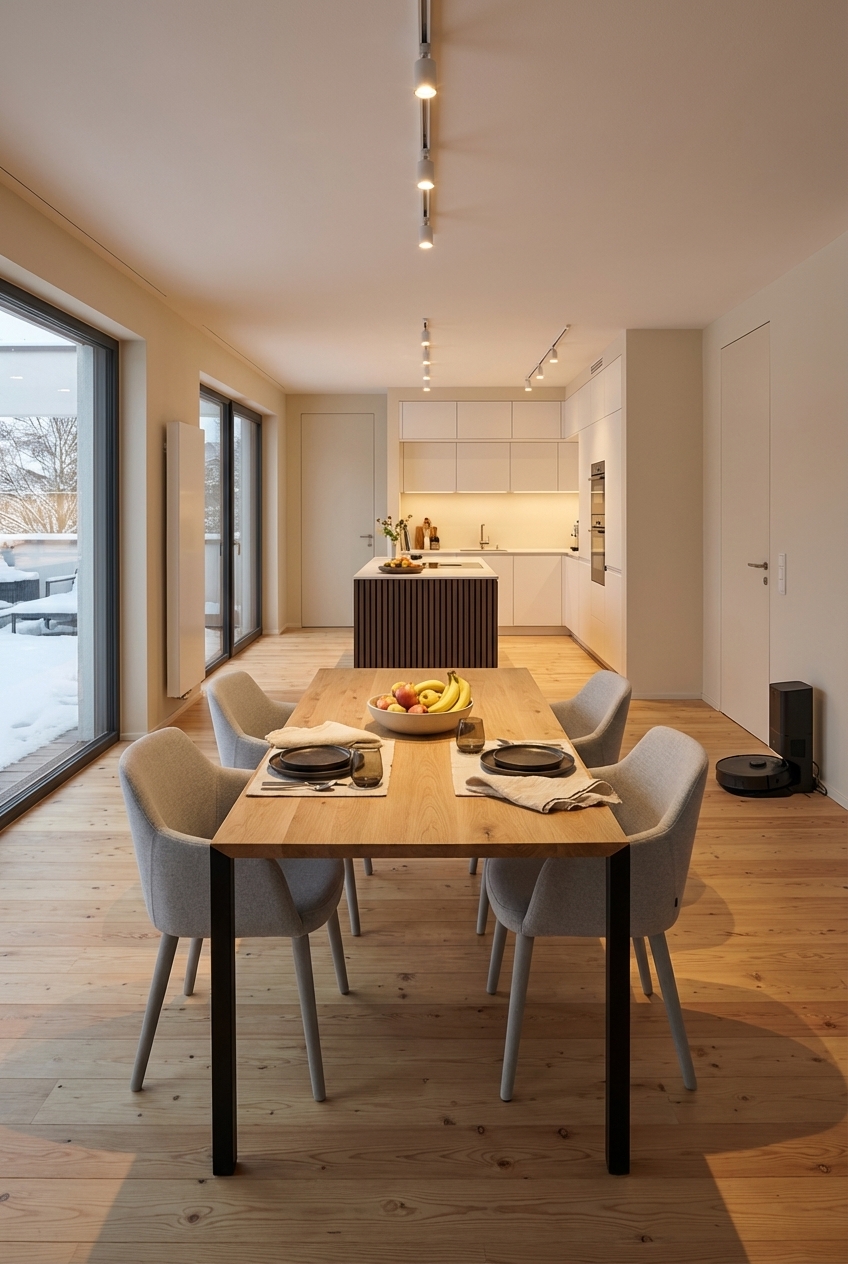 Esstisch Florenz aus Eiche in L-Form platziert für eine offene Raumgestaltung