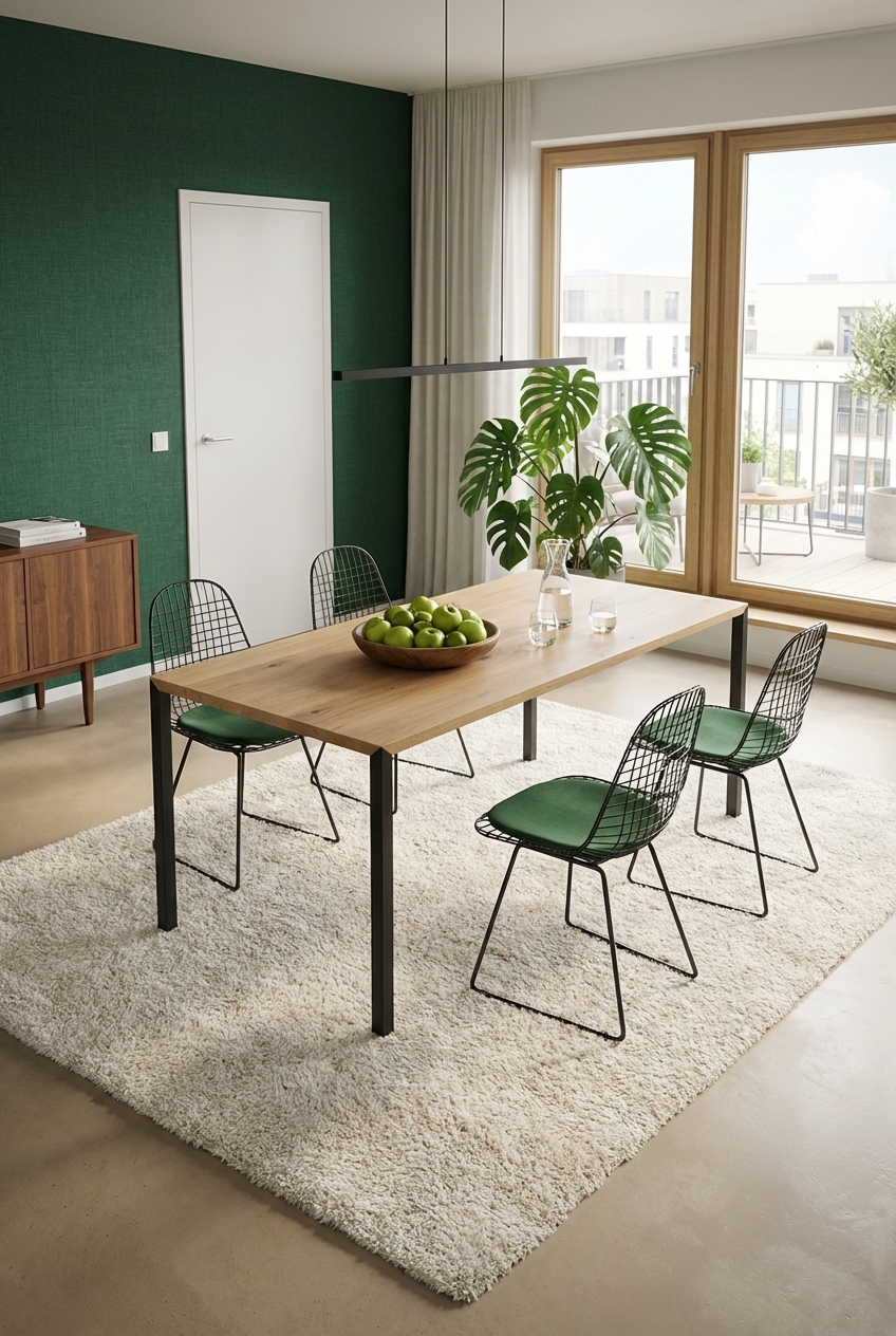 Helle Drahtstühle mit grünen Polstern um einen Esstisch aus Eiche