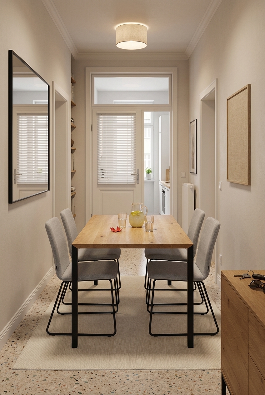 Symmetrischer Essplatz mit dem Esstisch Florenz aus Eiche in einem schmalen Raum