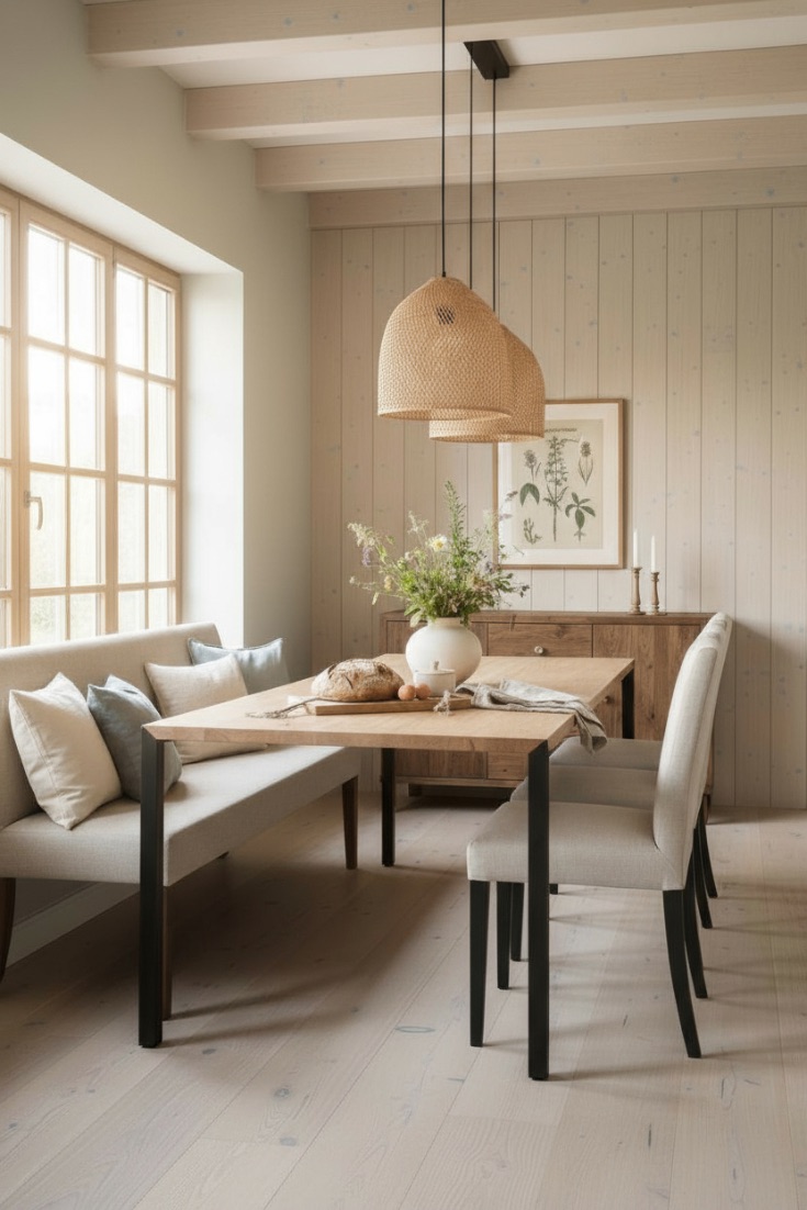 Esszimmer mit einem Esstisch Florenz aus Eiche, einer Sitzbank an der Längsseite und Stühlen gegenüber