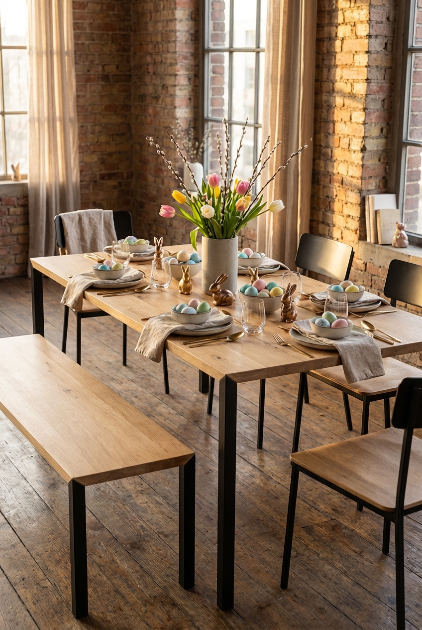 Sanfte Pastelltöne auf einem Esstisch aus Eiche für eine ruhige Osterdeko