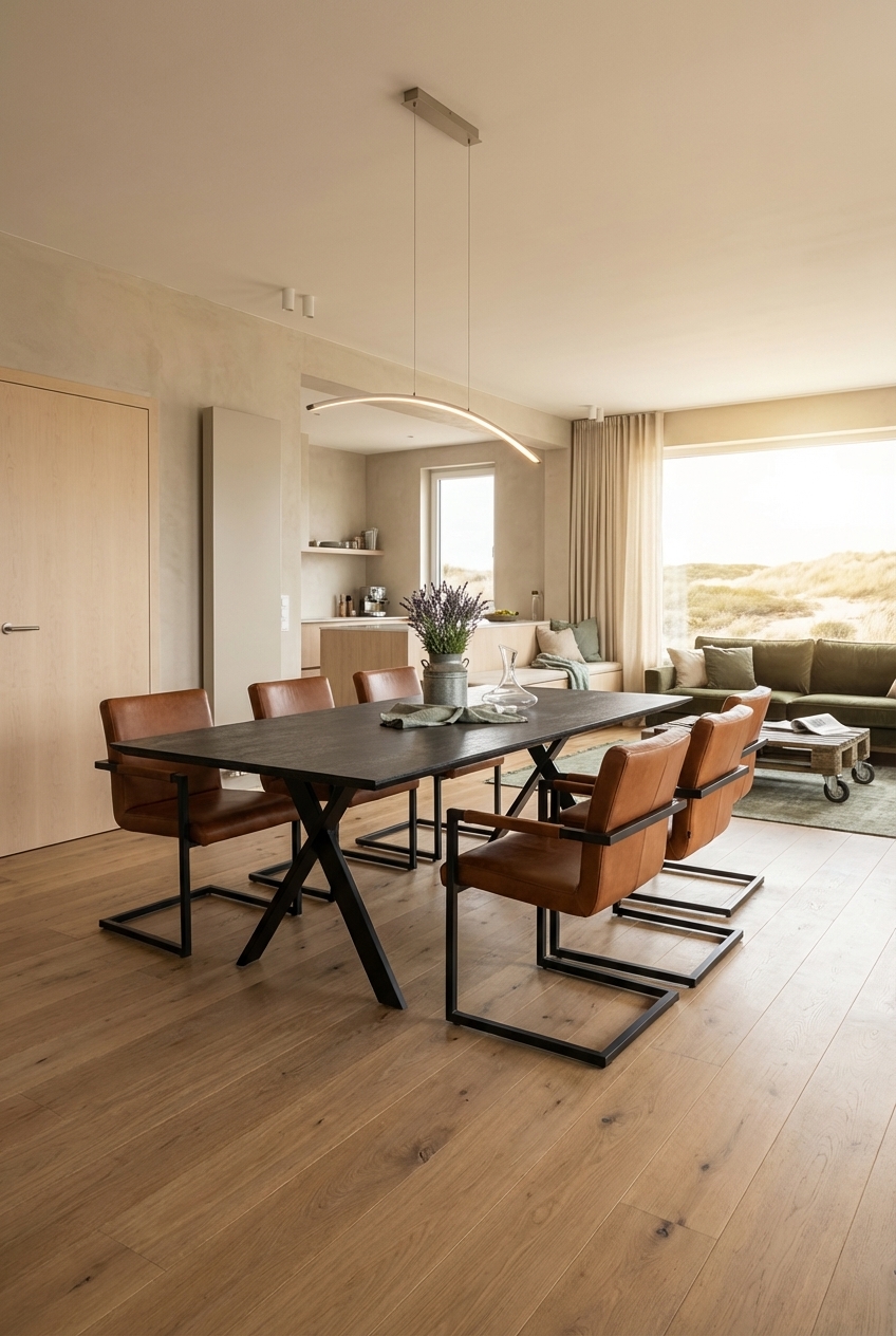 Beiger Teppich definiert den Essbereich und hebt den Esstisch Friuli Keramik hervor