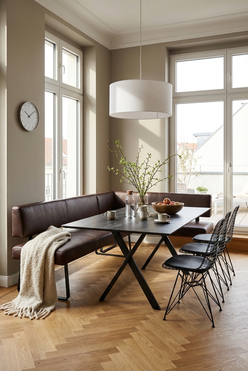 Esstisch aus Keramik in Schieferoptik ergänzt eine braune Ledereckbank modern und harmonisch.