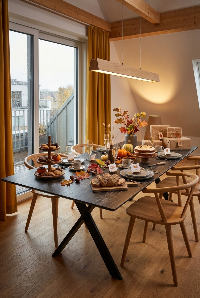Etagere mit Gebäck, Torte, Brot und Geschenken auf Esstisch Friuli Keramik