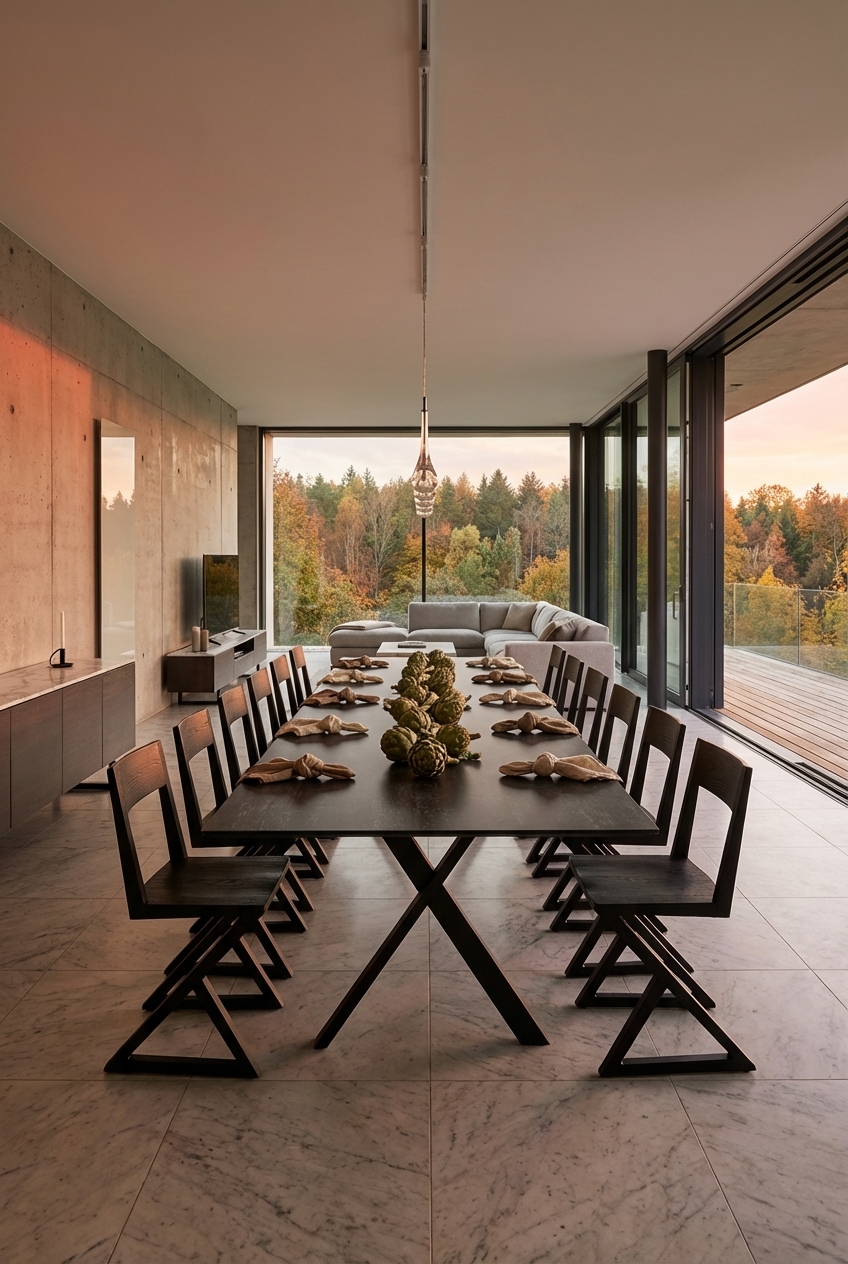 Heller Steinboden im Esszimmer schafft eine ruhige Basis für den markanten Esstisch Friuli Keramik.