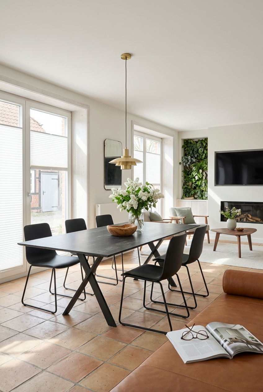 Esszimmer mit terracottafarbenen Fliesen und dunklem Esstisch Friuli Keramik