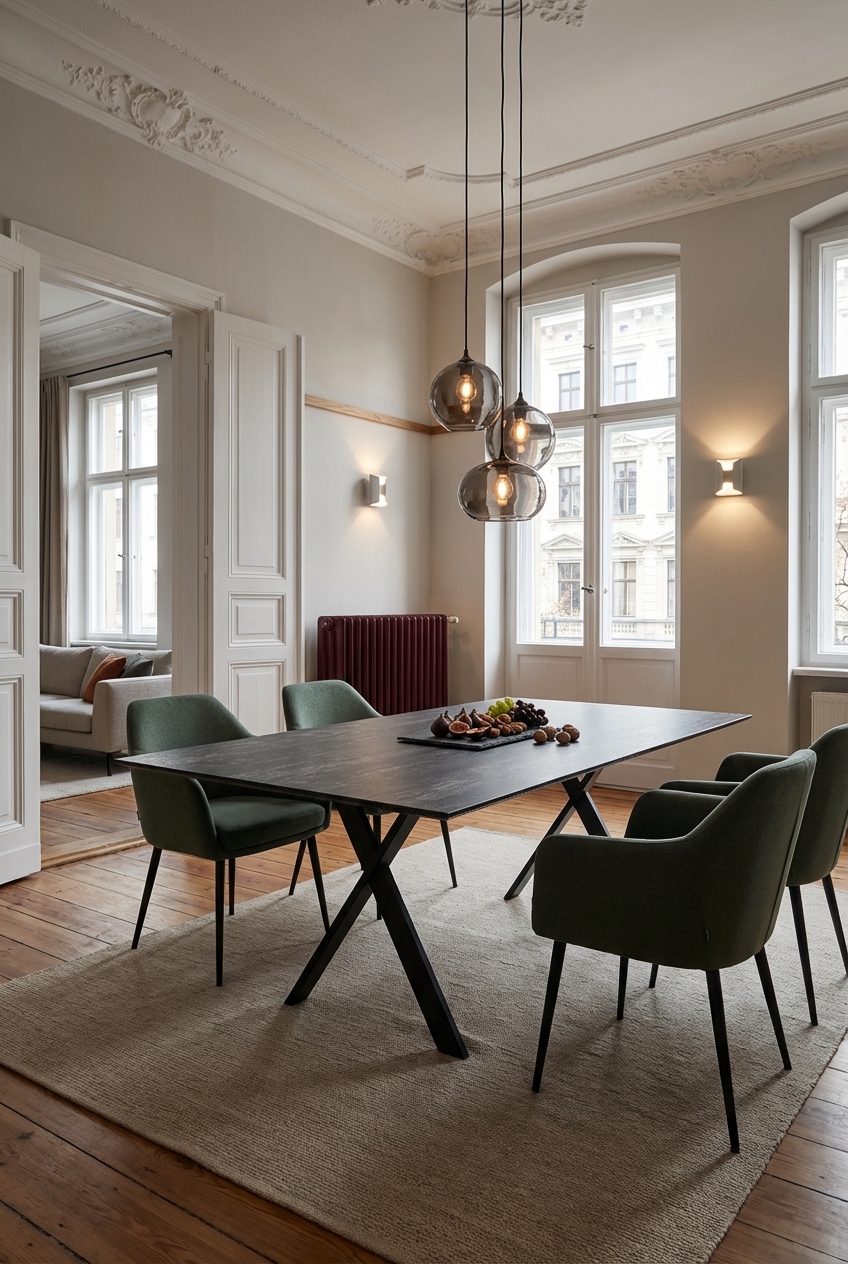 Gepolsterte Armlehnstühle und Karamellfarbener Esstisch aus Keramik in einem Altbau-Esszimmer