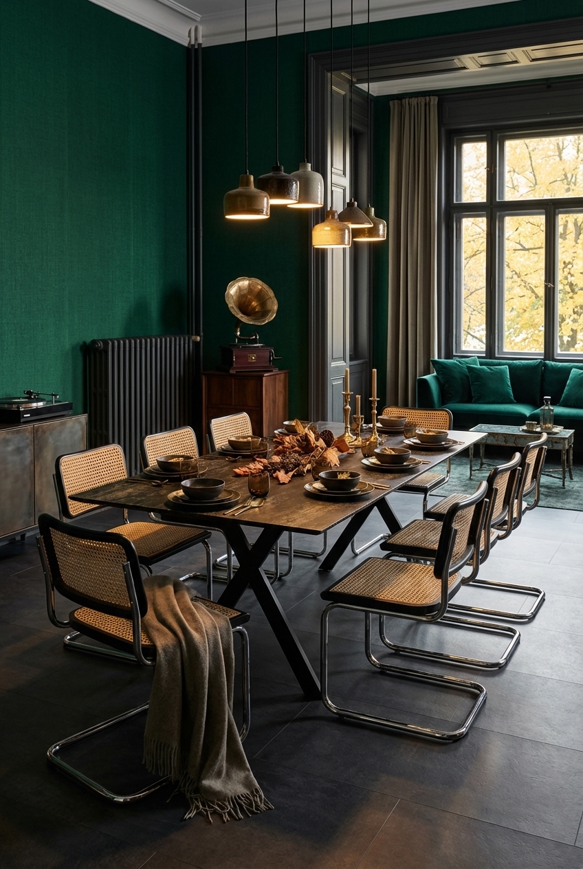 Vintage Esszimmer mit Freischwingern aus Wienergeflecht um einen Esstisch aus Keramik