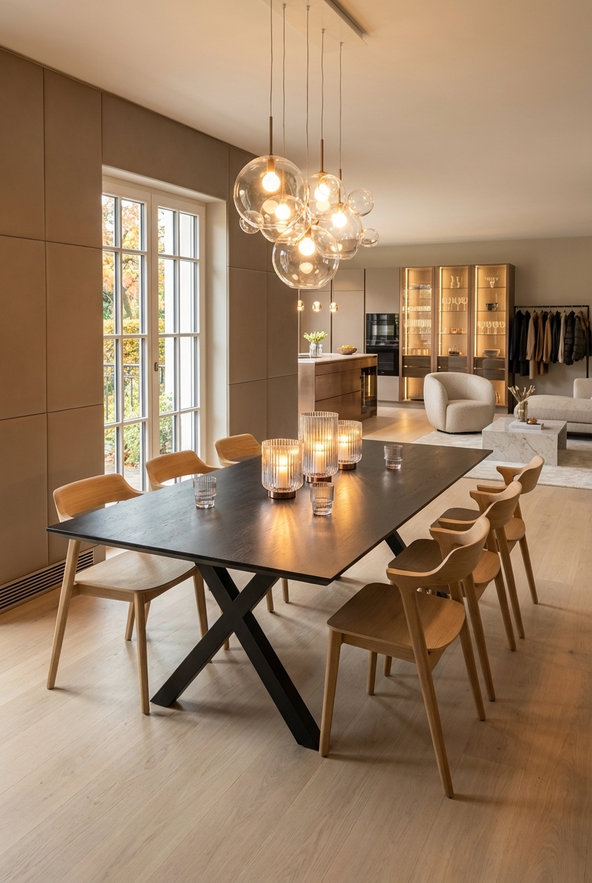 Dunkler Esstisch Friuli mit Oxido Darknight auf hellem Holzboden in harmonischer Kombination