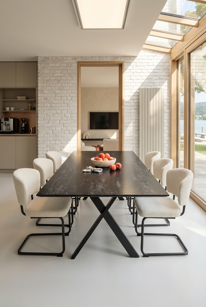 Moderner Esstisch Friuli Keramik kombiniert mit hellen Polsterstühlen für einen stylischen Kontrast