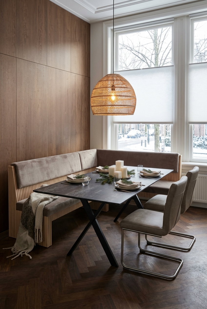 Esstisch Friuli Keramik mit gekreuzten Beinen als klarer Akzent zur gemütlichen Eckbank.