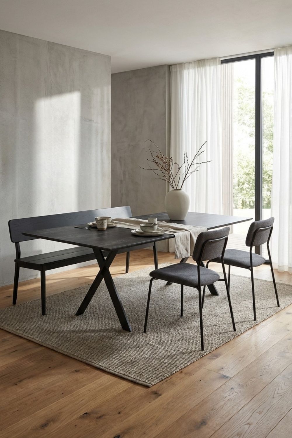 Esszimmer mit grauer Wandgestaltung und Esstisch Friuli Keramik Oxido Darknight