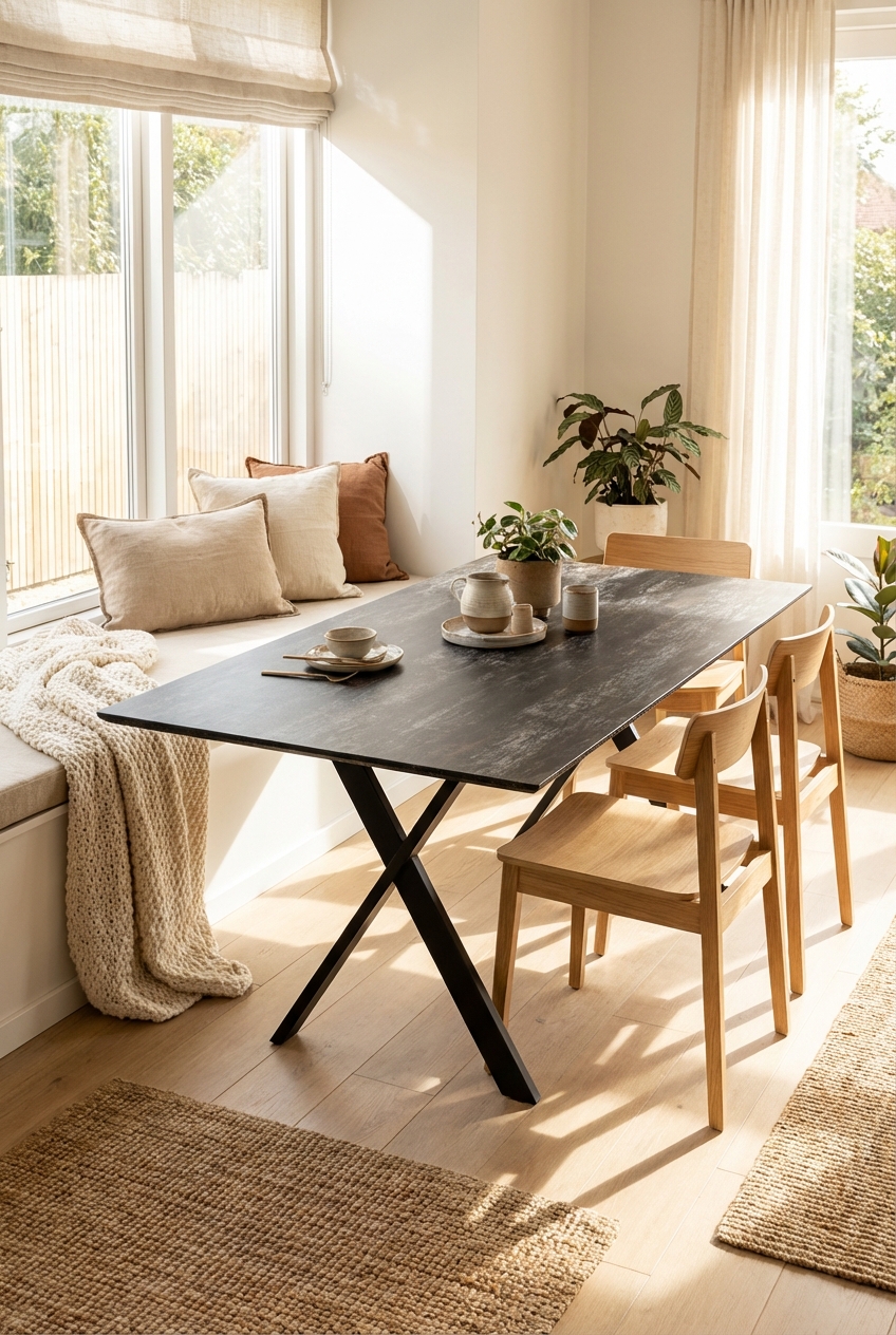 Esszimmer mit Sitzfenster, Tageslicht betont die matte Struktur des Esstischs Friuli Keramik