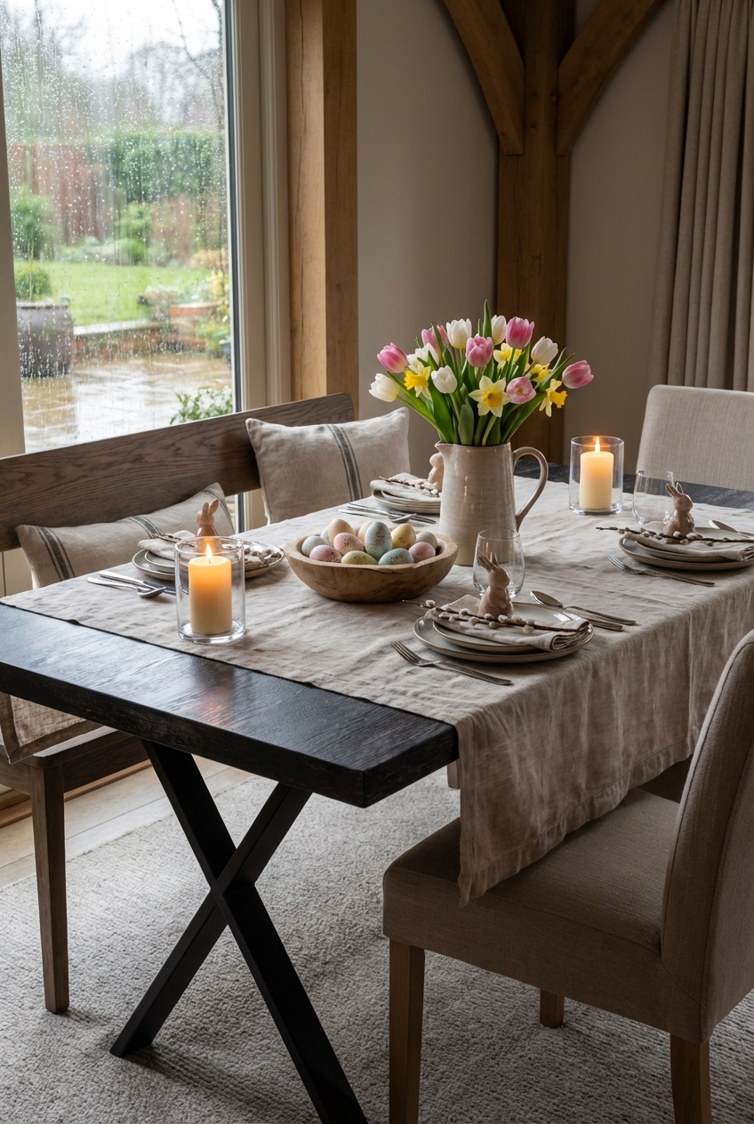 Ein sanfter Leinenläufer auf einem Keramiktisch schafft eine natürliche Tischdeko mit Holzschalen, Eiern und Weidenkätzchen