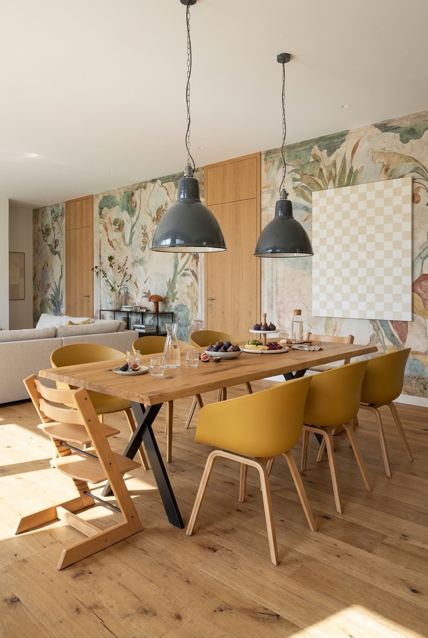 Esszimmer mit floralen Wandmotiven in Grün- und Sandtönen sowie Esstisch Friuli aus Wildeiche