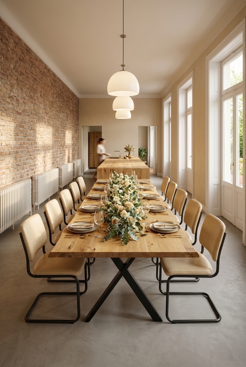 Esszimmer mit Sichtmauerwerk-Wand und Esstisch Friuli aus Wildeiche
