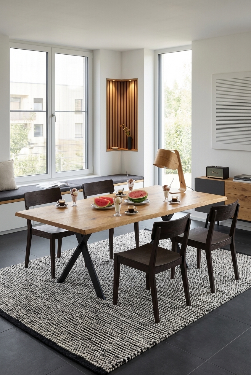 Beleuchtete Holzpaneele in der Ecke setzen den Esstisch Friuli aus Wildeiche stilvoll in Szene