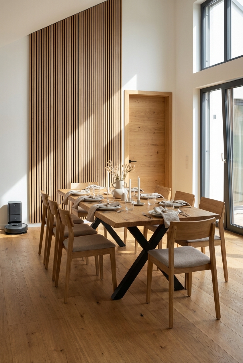 Esszimmer mit Holzpaneelwand und Esstisch Friuli aus Wildeiche mit schwarzem Gestell