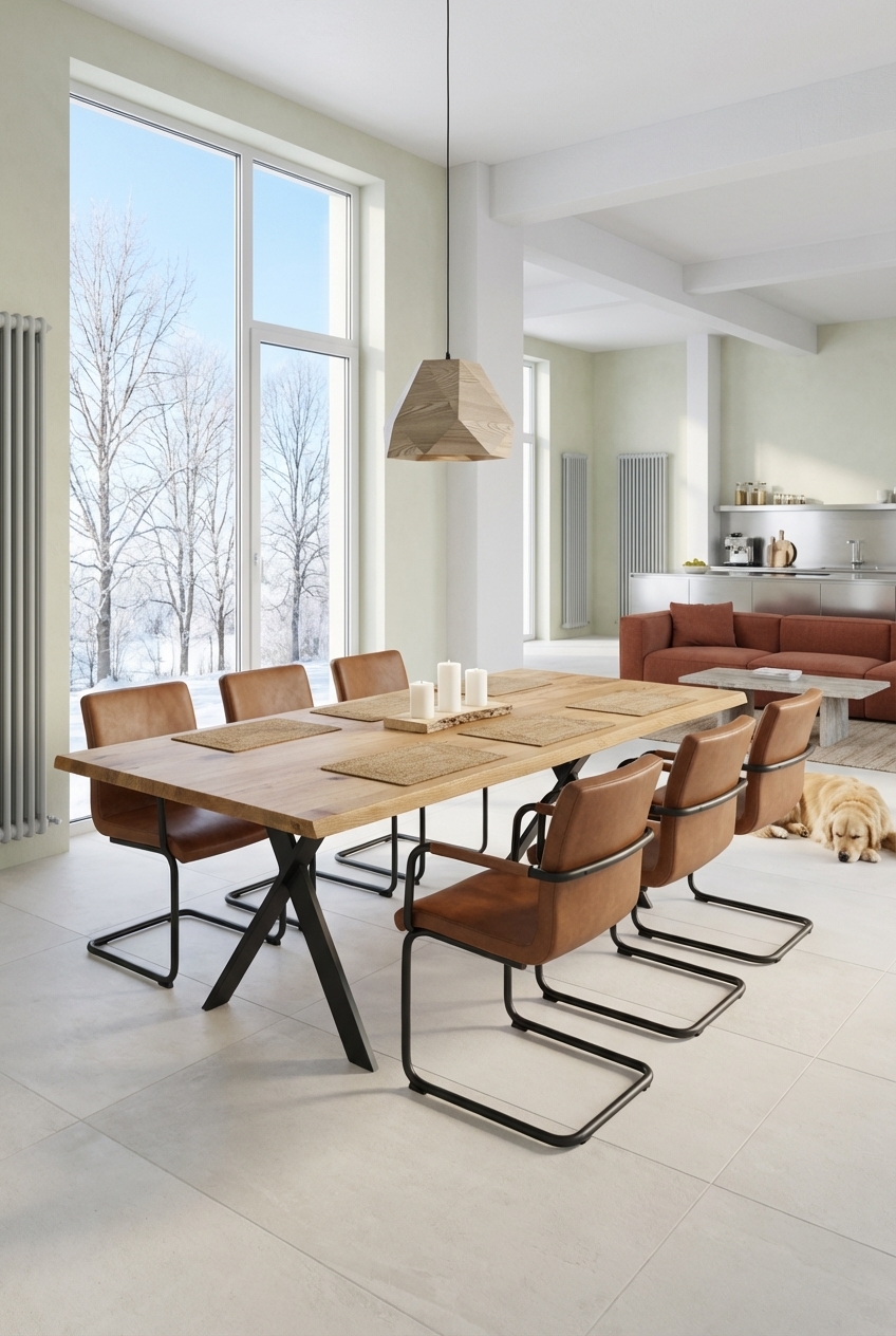 Cognacfarbene Lederstühle mit Metallrahmen ergänzen den massiven Esstisch Friuli aus Wildeiche und schaffen harmonischen Kontrast