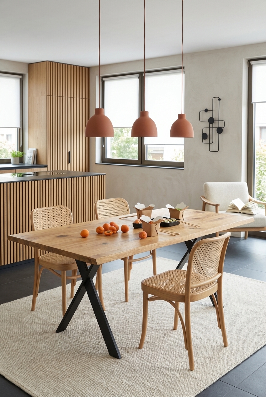 Esszimmer mit beige Wänden und Holzpaneelen, natürlicher Eichen-Esstisch Friuli integriert