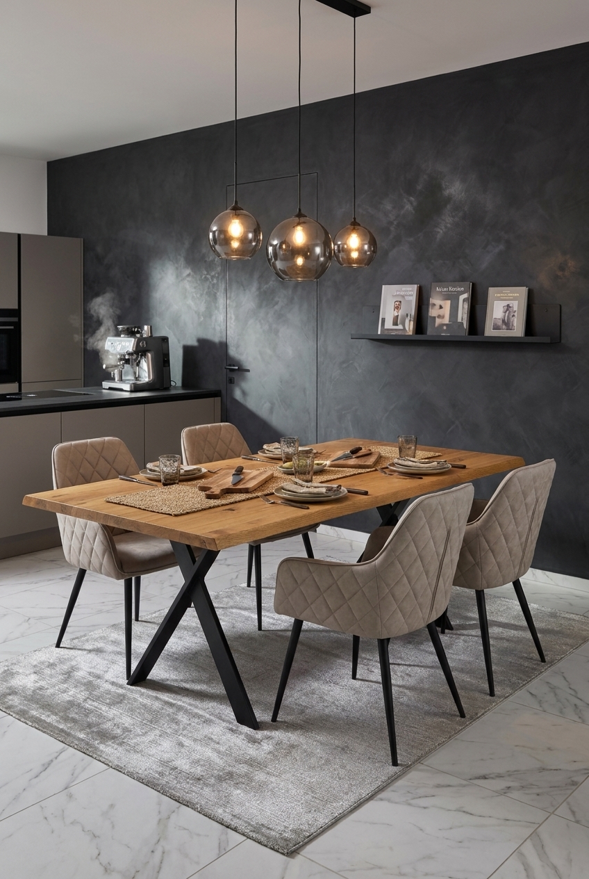 Esszimmer mit anthrazitfarbener Wand, hellem Esstisch Friuli aus Wildeiche und warmen Polsterstühlen