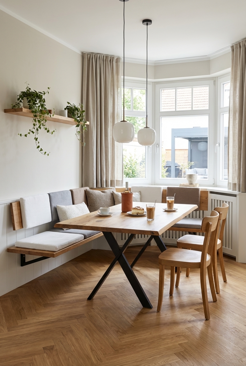 Wandhängende Eckbank schafft offene Essbereichsatmosphäre und ergänzt den Esstisch Friuli aus Wildeiche.